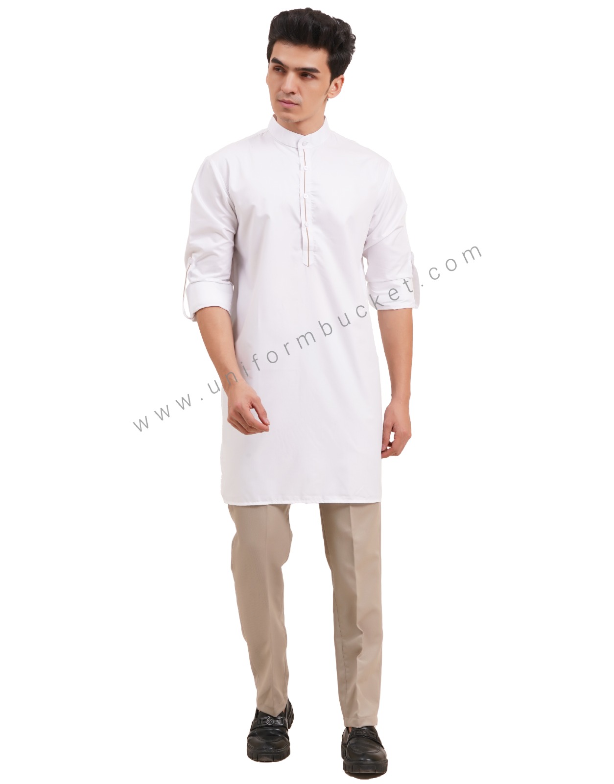 WHITE MALE LONG KURTI WITH BEIGE PIPING ON PLACKET thumbnail 2